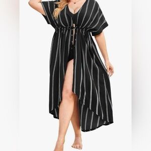 Women Plus Size Long Cover up Stripe Bikini Coverups Kimono Tie Front.